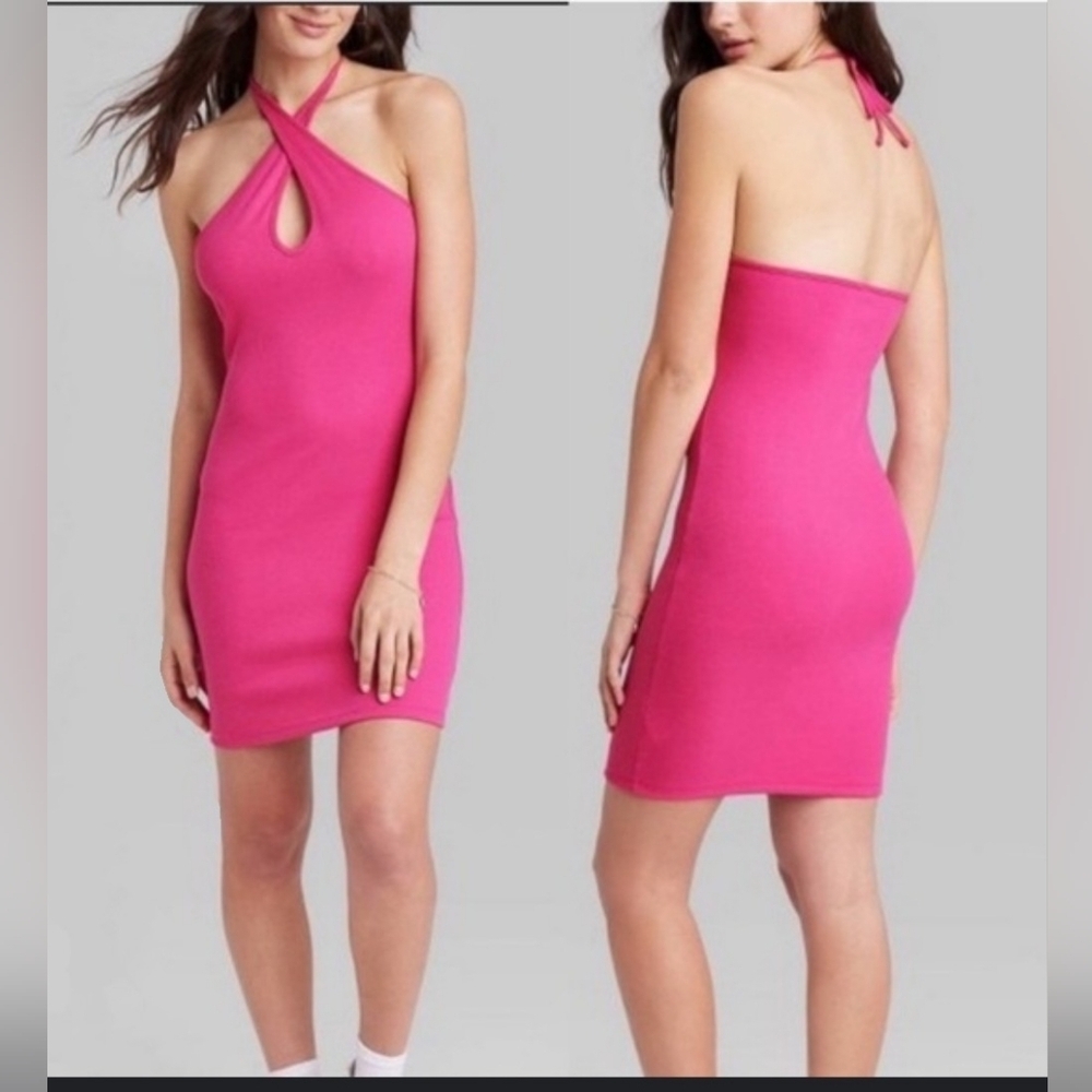 Wild Fable Halter Style Ribbed Dress Hot Pink Junior Sz M (NWT)